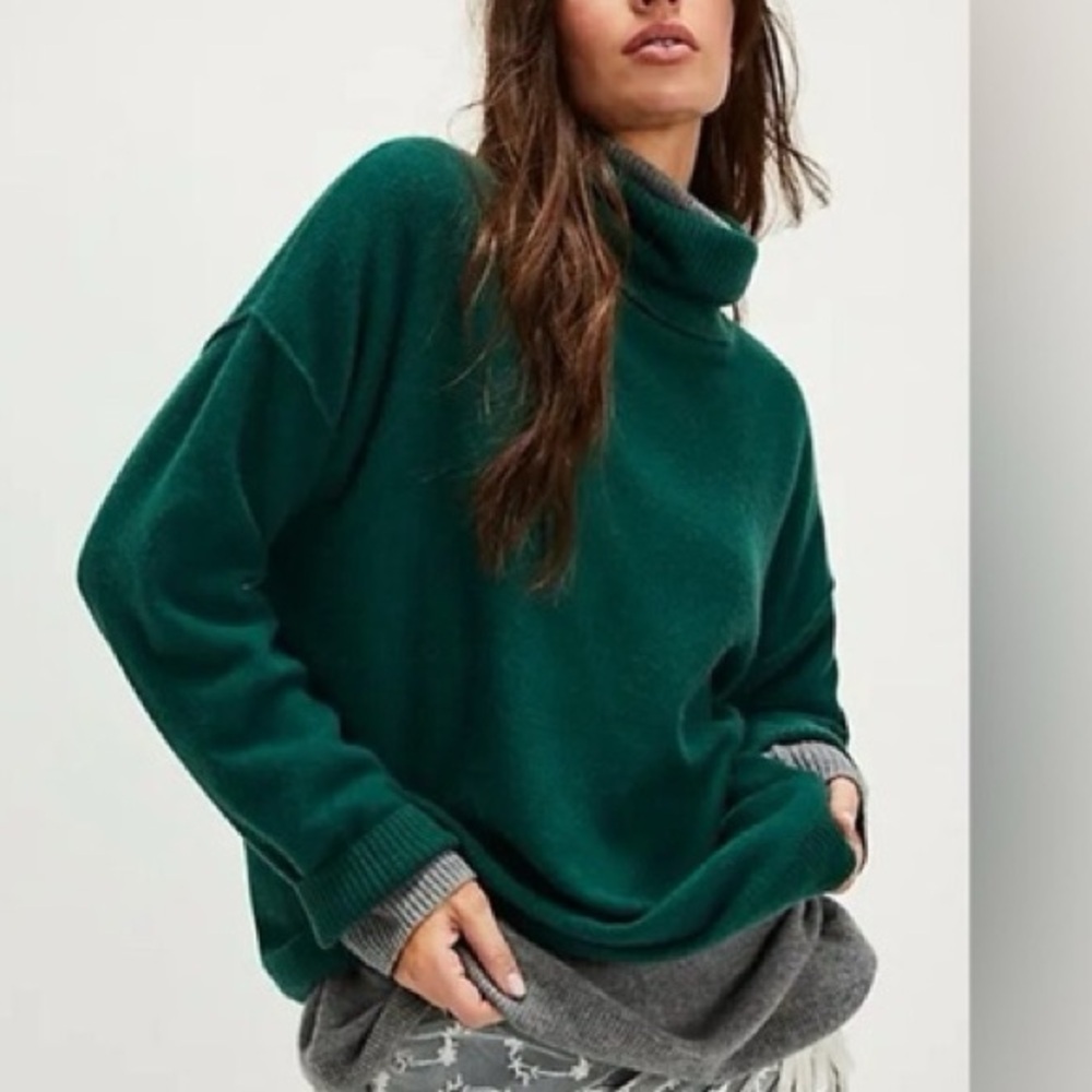Free People Addie Cashmere Turtleneck Sweater Pullover in Emerald Green